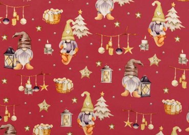 Wichtel und Laterne Weihnachtsstoff mit süßen Wichteln auf Baumwolle Popeline